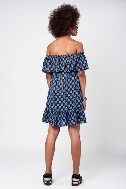 Vestido playa midi azul marino con hombros decubiertos