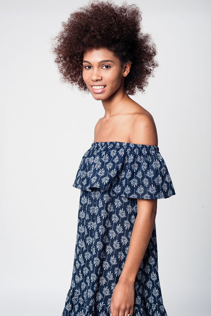 Vestido playa midi azul marino con hombros decubiertos