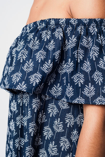 Vestido playa midi azul marino con hombros decubiertos