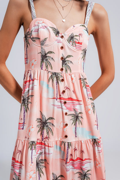 Vestido playero largo rosa de tirantes con estampado tropical