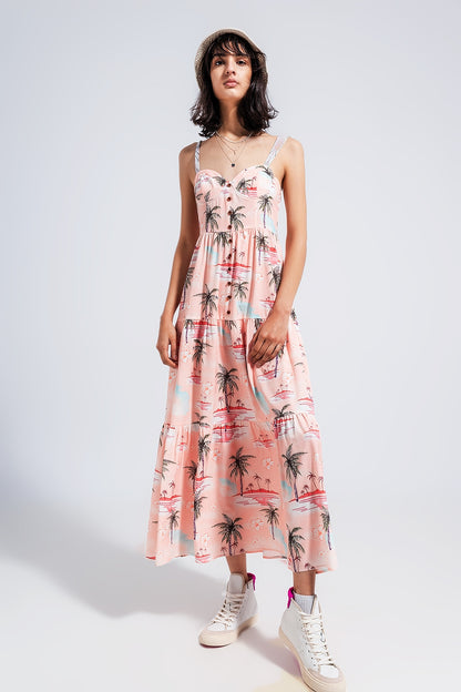 Vestido playero largo rosa de tirantes con estampado tropical