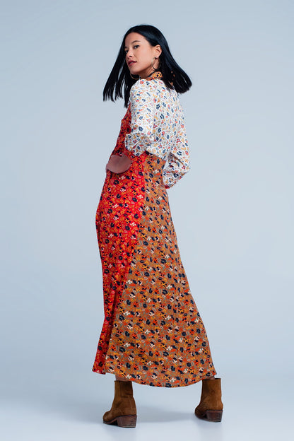 Vestido Rojo camisero de manga larga con flores de jardín