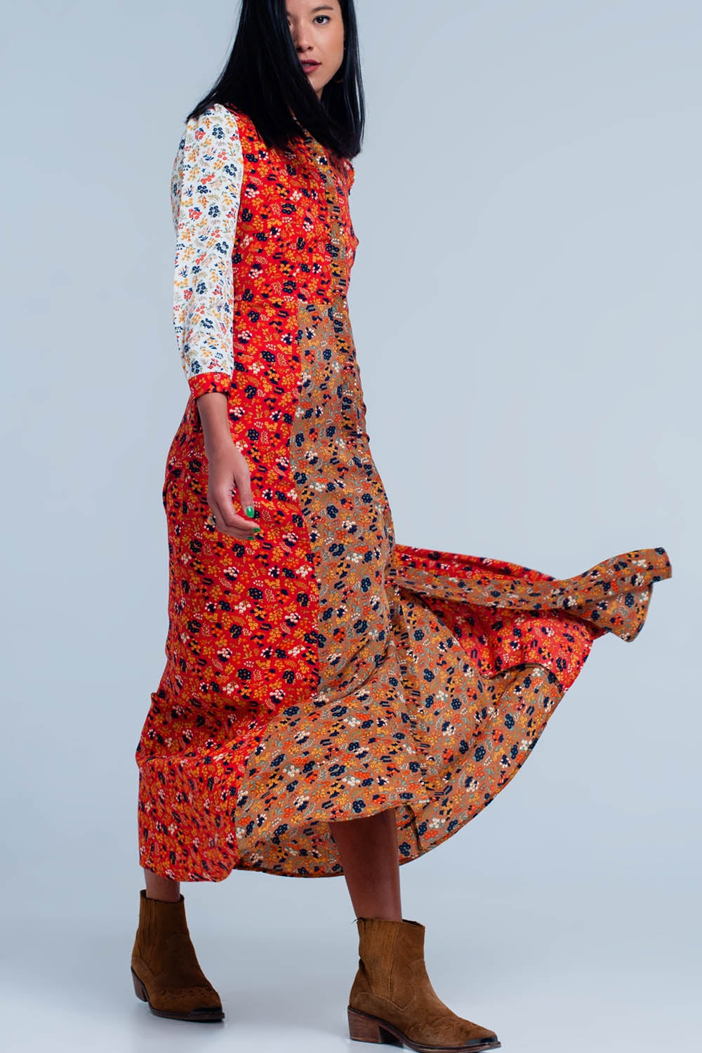 Vestido Rojo camisero de manga larga con flores de jardín