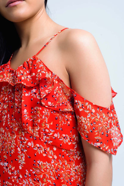 Vestido rojo con flores impresas y volantes