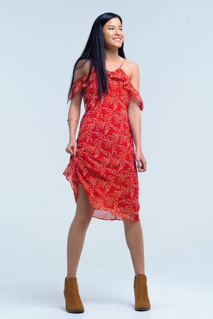 Vestido rojo con flores impresas y volantes