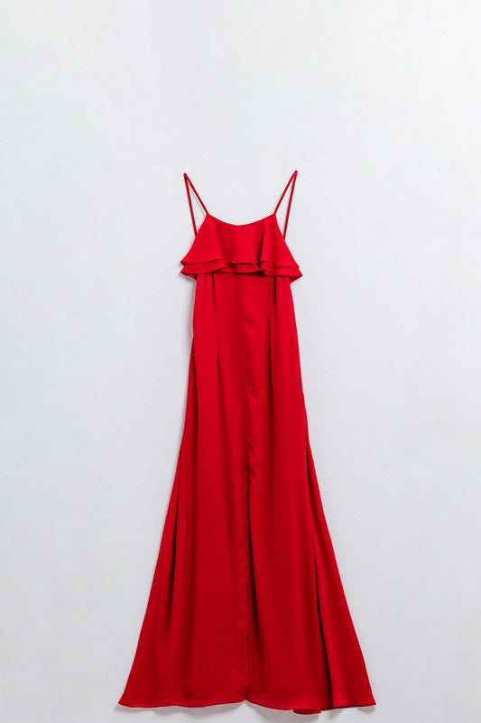 Q2 Vestido rojo de gasa con tirantes y volantes