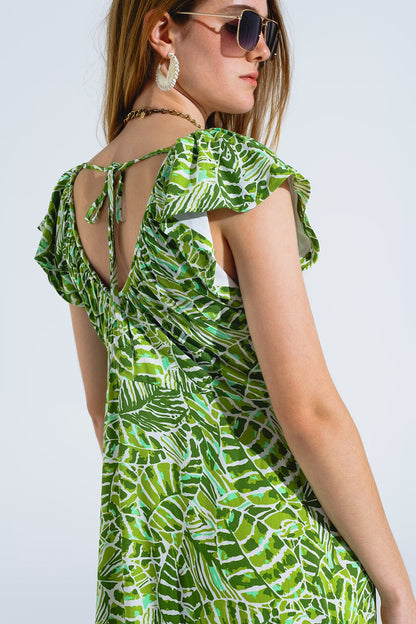 Vestido romántico midi con mangas cortas fruncidas en estampado de hojas verdes