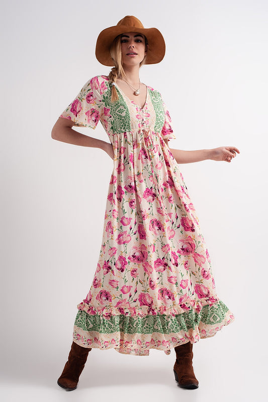 Q2 Vestido rosa largo holgado con estampado floral llamativo