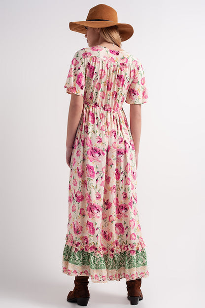 Vestido rosa largo holgado con estampado floral llamativo