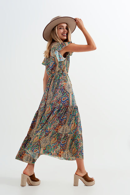 Vestido semilargo con estampado de cachemir y volantes en el bajo en verde