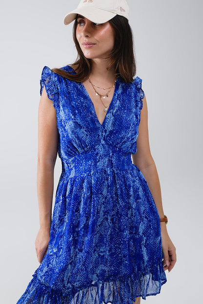 Vestido skater con cintura ceñida en estampado azul serpiente con hilo de lúrex dorado