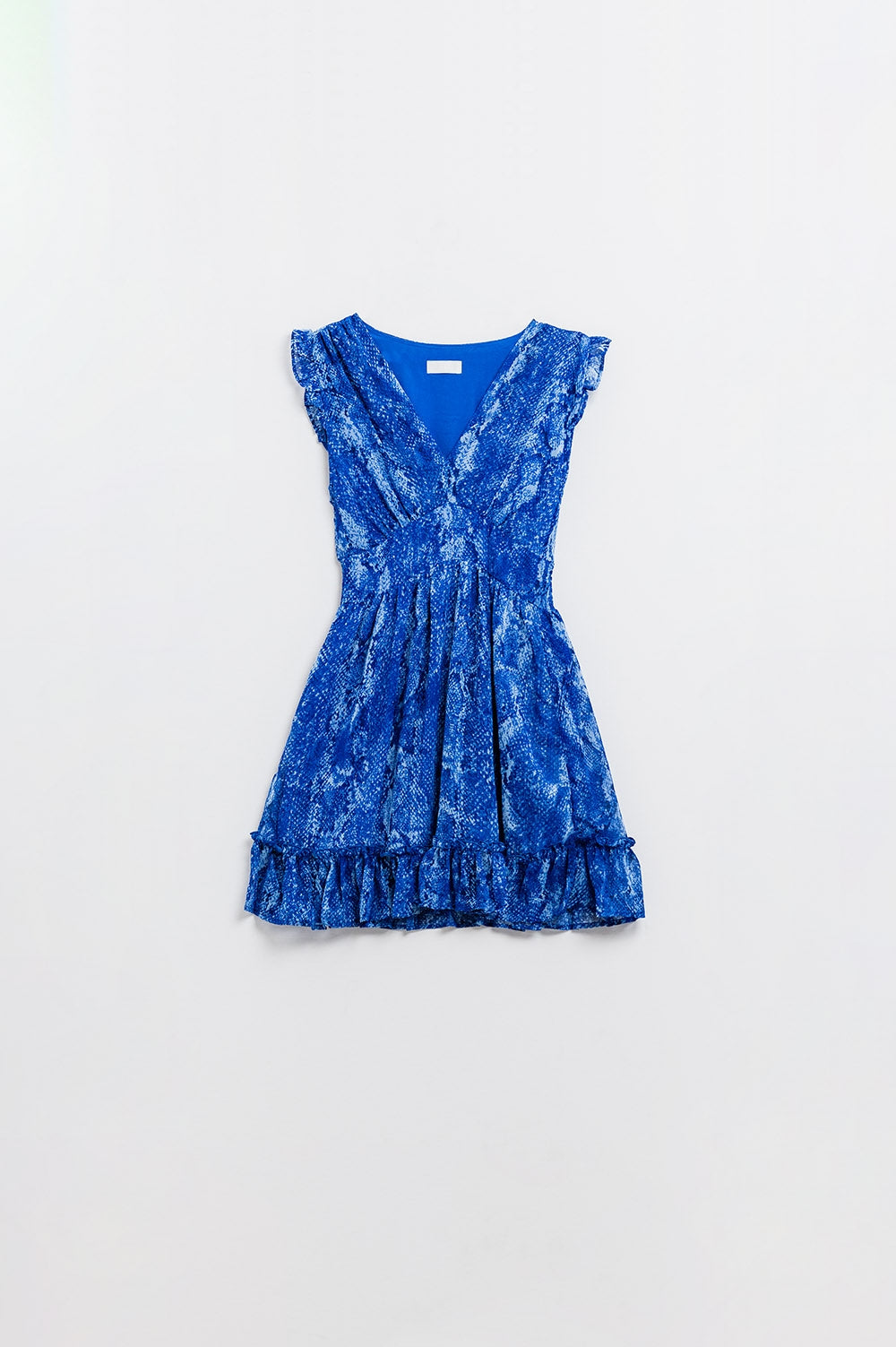 Vestido skater con cintura ceñida en estampado azul serpiente con hilo de lúrex dorado
