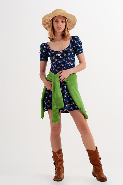 Vestido skater con manga abullonada y estampado floral azul marino