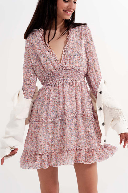 Vestido skater corto rosa cintura fruncida de manga larga y estampado floral