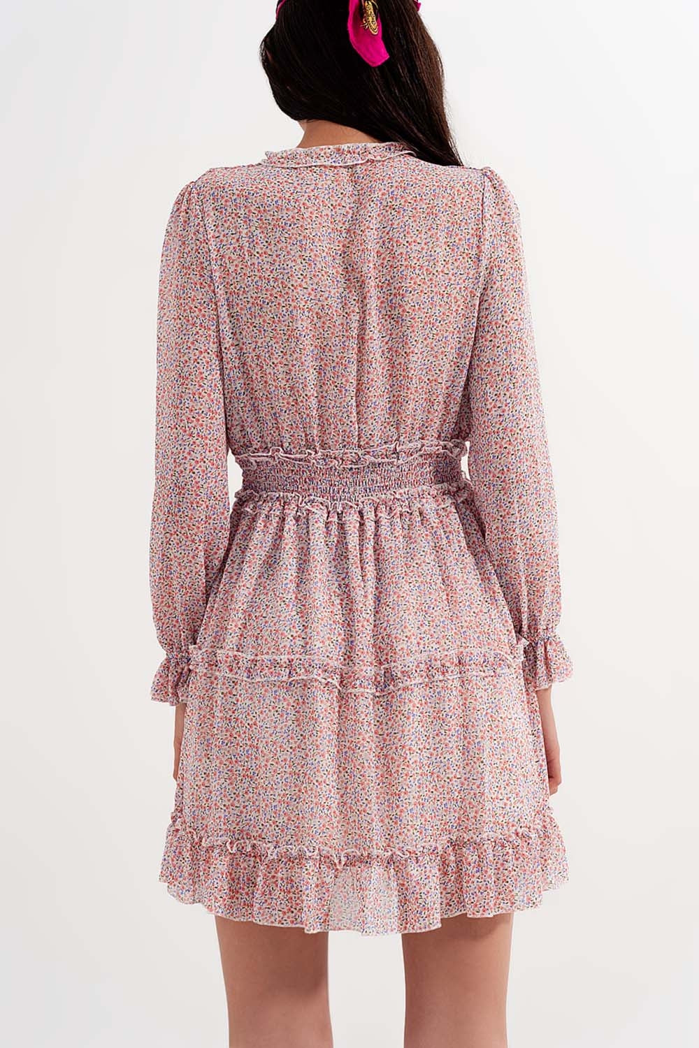 Vestido skater corto rosa cintura fruncida de manga larga y estampado floral